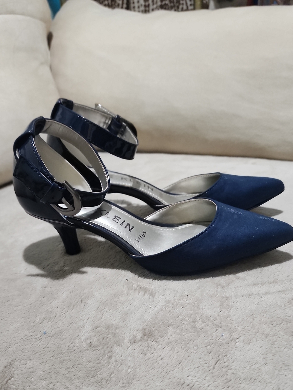 Navy Ankle-Strap Kitten Heels with Patent Buckle.New Condition